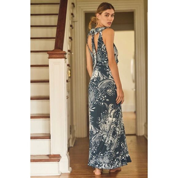 NEW By Anthropologie Blue Print Plunge V-Neck Ruffle A-Line Maxi Dress Small - Picture 1 of 3